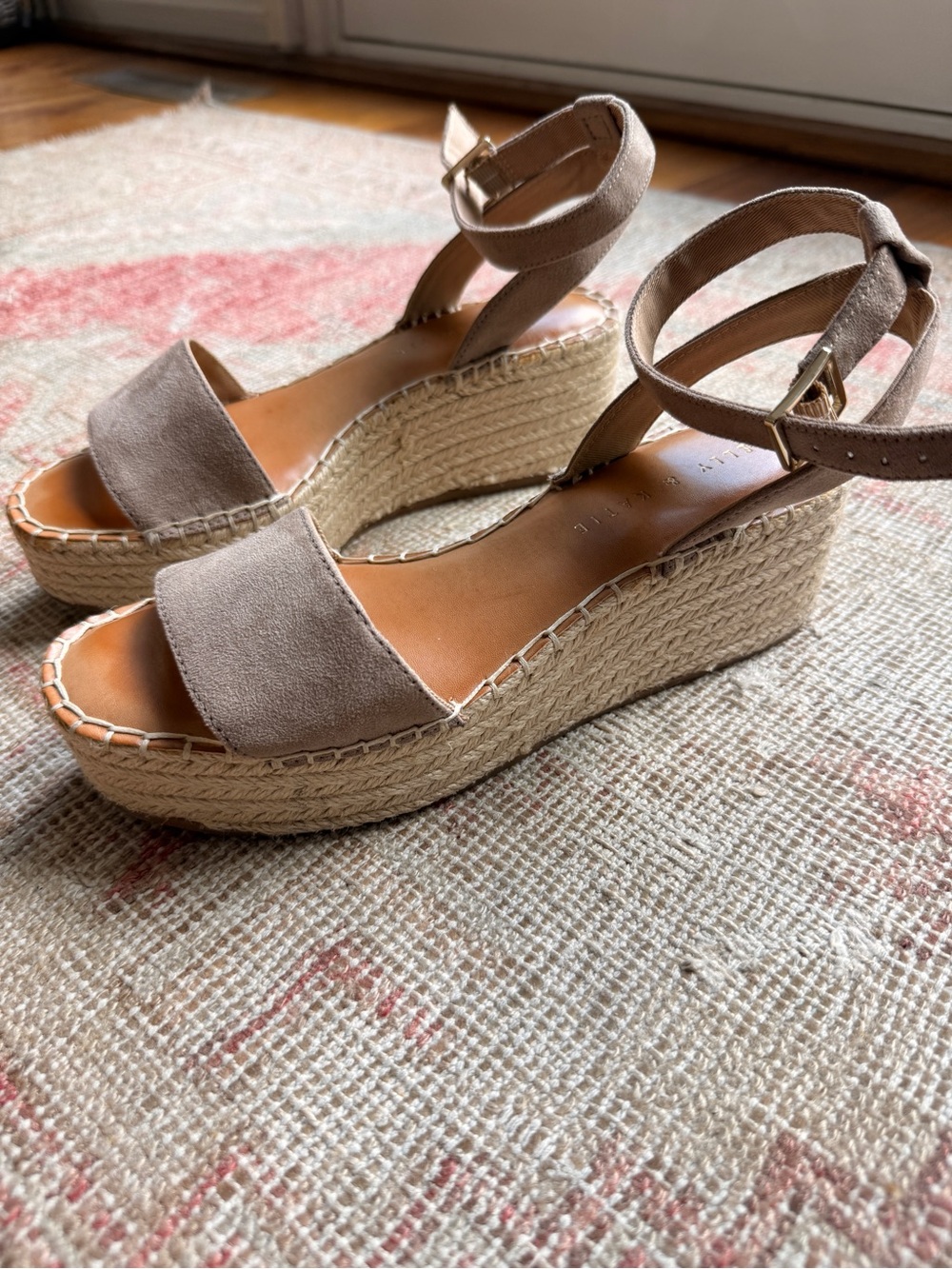 Kelly & Katie Taupe Suede Ankle-Strap Espadrille Wedges